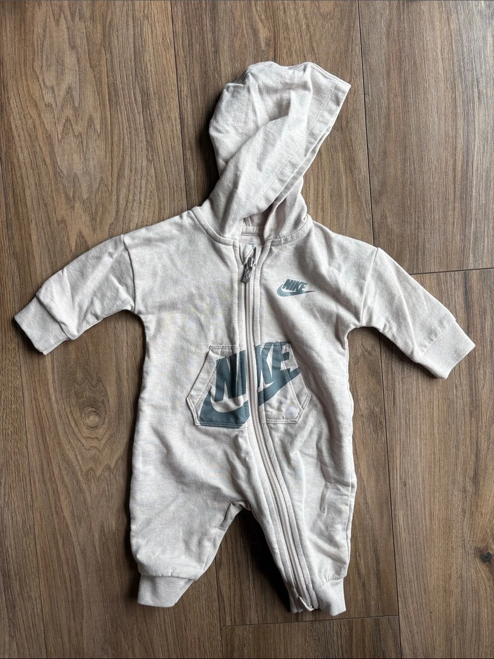 Nike Hooded Baby One-Piece in Light Beige with Teal Logo